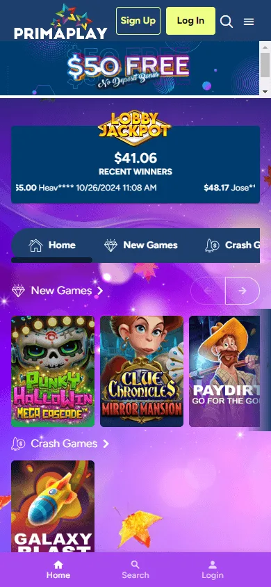 Primaplay Casino mobile games view with casino game categories