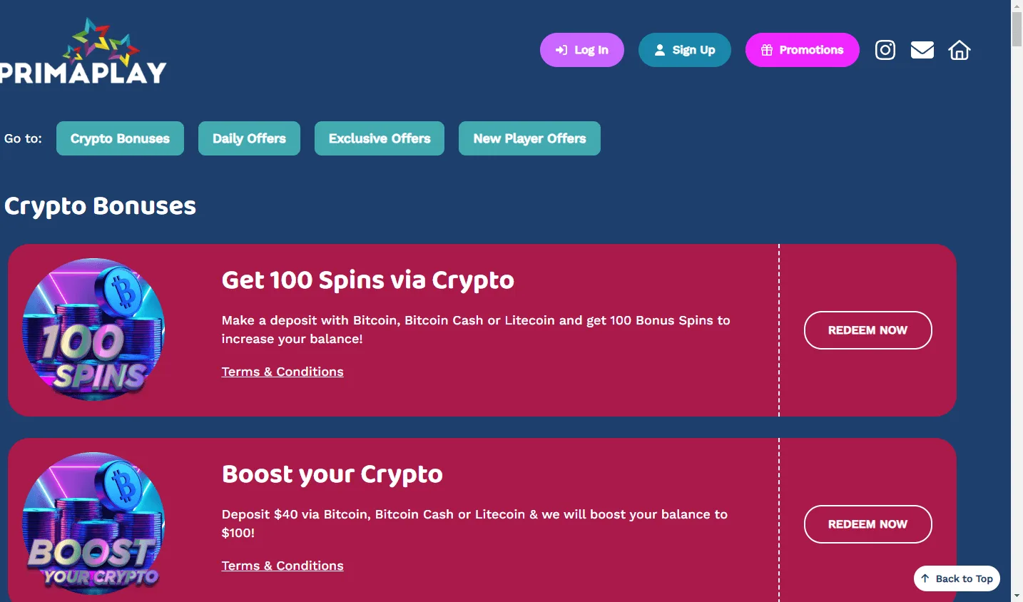Primaplay Casino promotions view on desktop with recurring offers