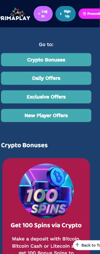 Primaplay Casino mobile promotions view with recurring offers