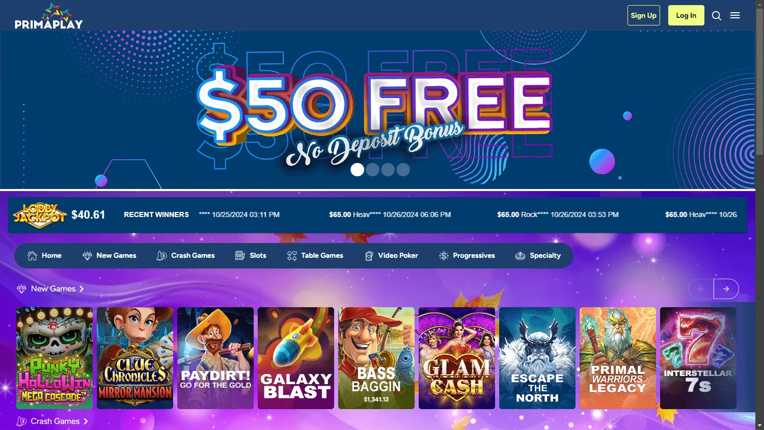 Primaplay Casino games view on desktop with casino game categories