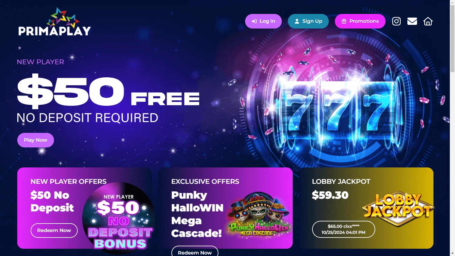 Primaplay Casino home view on desktop with the welcome offer